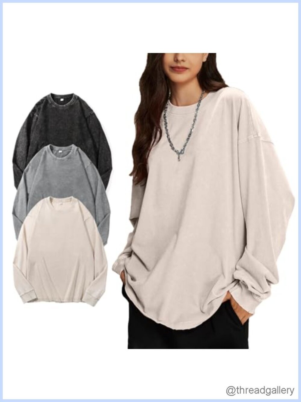 Oversized Long Sleeve T-Shirt 3 Pack Cotton Acid Wash Baggy